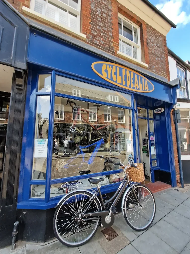The blue CycleDealia shopfront on Sun Street, Hitchin